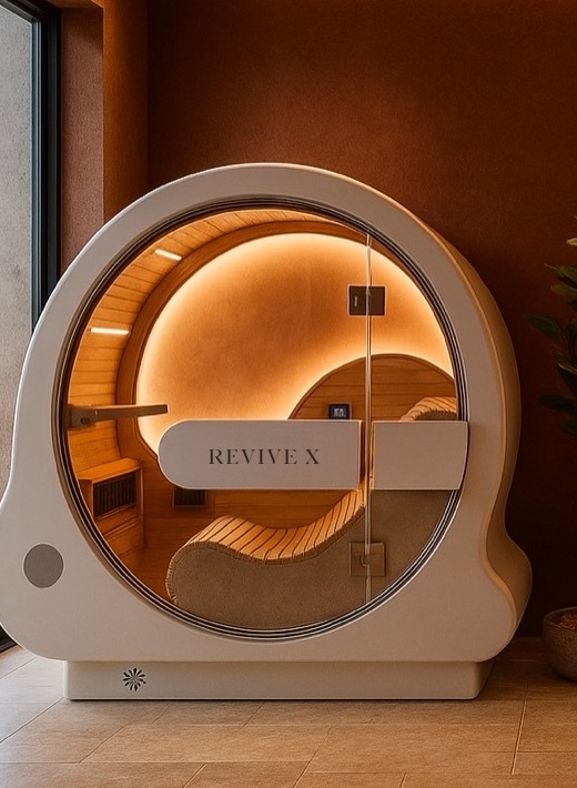 Revive X infrared sauna pod with timber-lined interior and recliner
